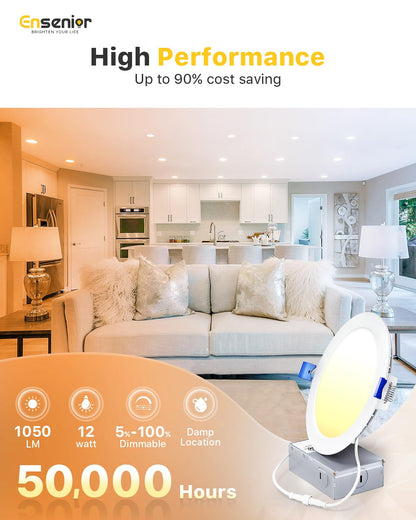 Ensenior 12 Pack 4 Inch LED Recessed Ceiling Light, Dimmable, 2700K-5000K 5CCT, 750LM 9W 120V, High Brightness Canless Wafer Downlight - ETL&FCC&IC