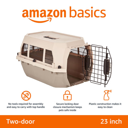 Amazon Basics 2-Door Top-Load Hard-Sided Dogs, Cats Pet Travel Carrier, Gray & Blue, 22.8"L x 15.0"W x 13.0"H
