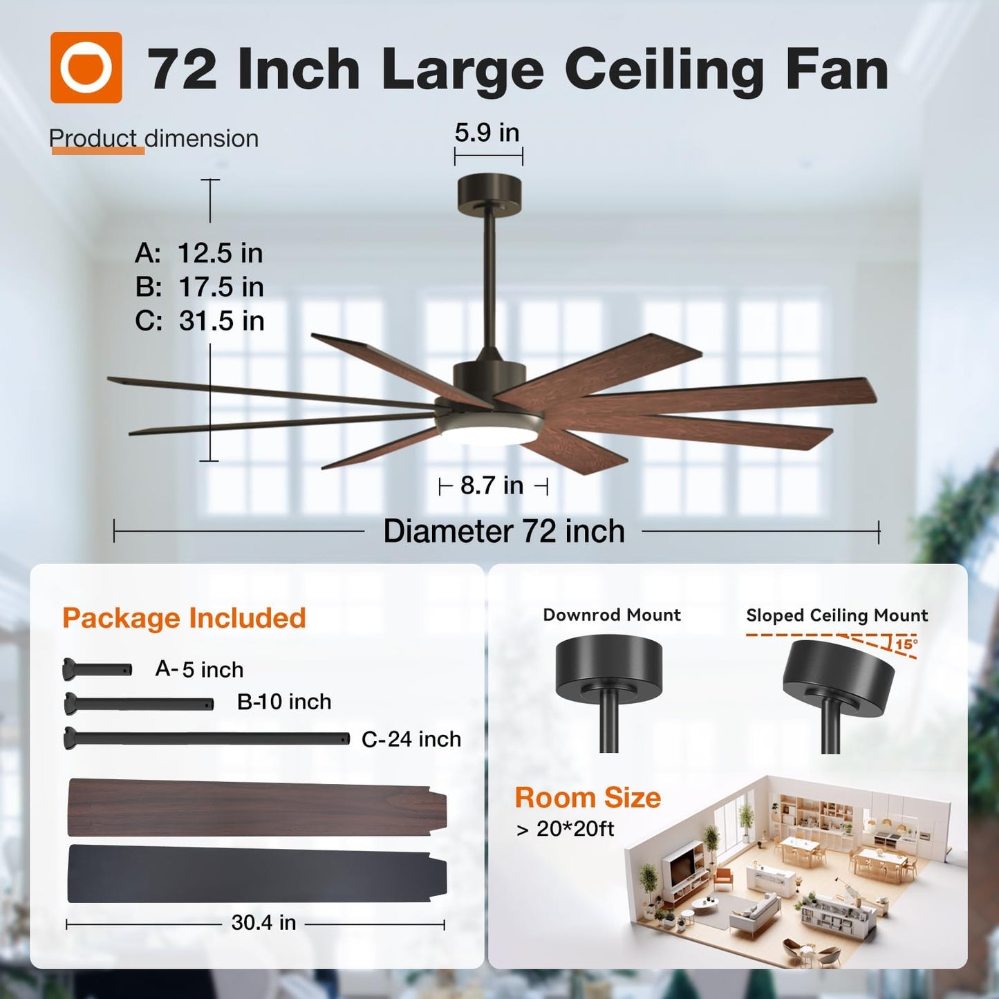 addlon 72 Inch Large Ceiling Fans with Lights, Black Ceiling Fan with Remote Control, Reversible, 5CCT, Dimmable, DC Motor, Modern Ceiling Fan for Living Room, Kitchen, Patio Indoor/Outdoor Use,