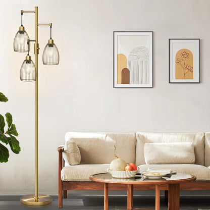 Dimmable Industrial Floor Lamps for Living Room, Gold Tree Standing Tall Lamps with 3 Elegant Teardrop Cage Head & 800 Lumens LED Bulbs for Bedroom Office
