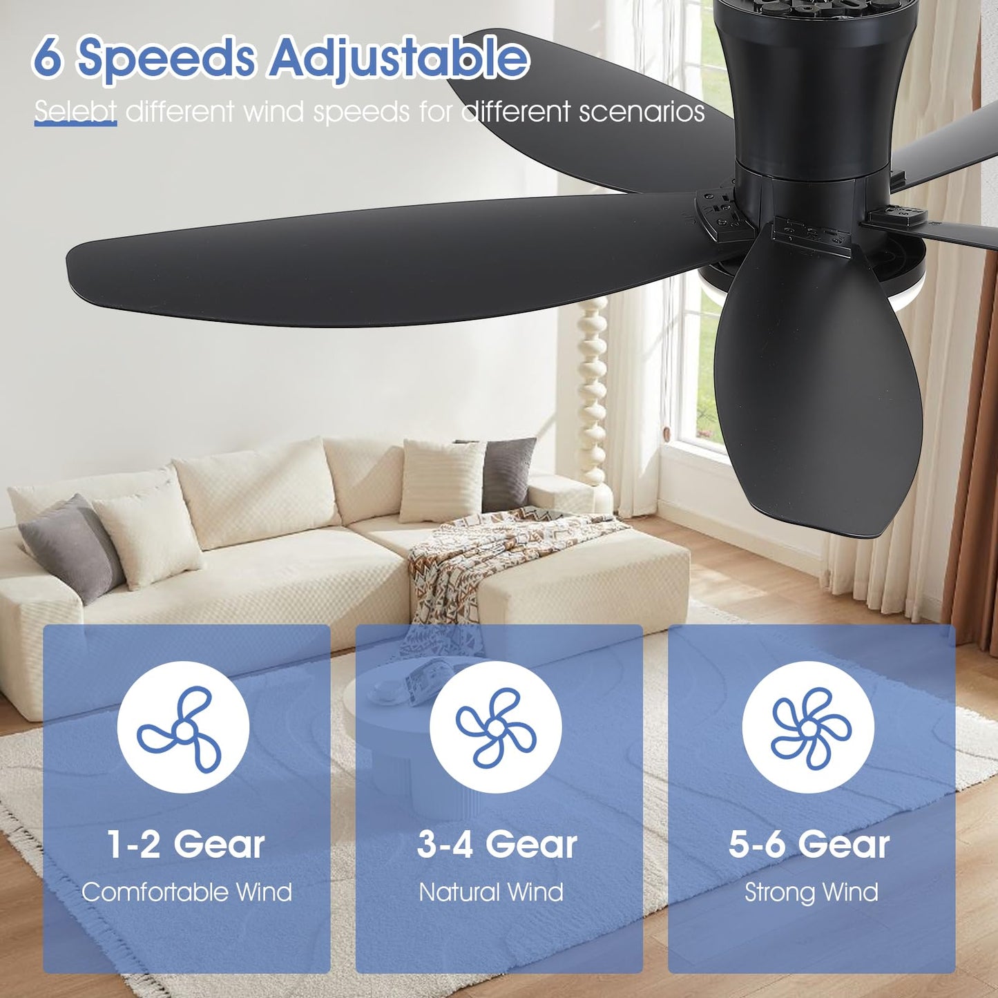 Ceiling Fans with Lights-36 Low Profile Ceiling Fan with Light and Remote/APP Control,Flush Mount,DC Reversible,LED Dimmable Blakc Ceiling Fans for Bedroom,Indoor/Outdoor Patio Use