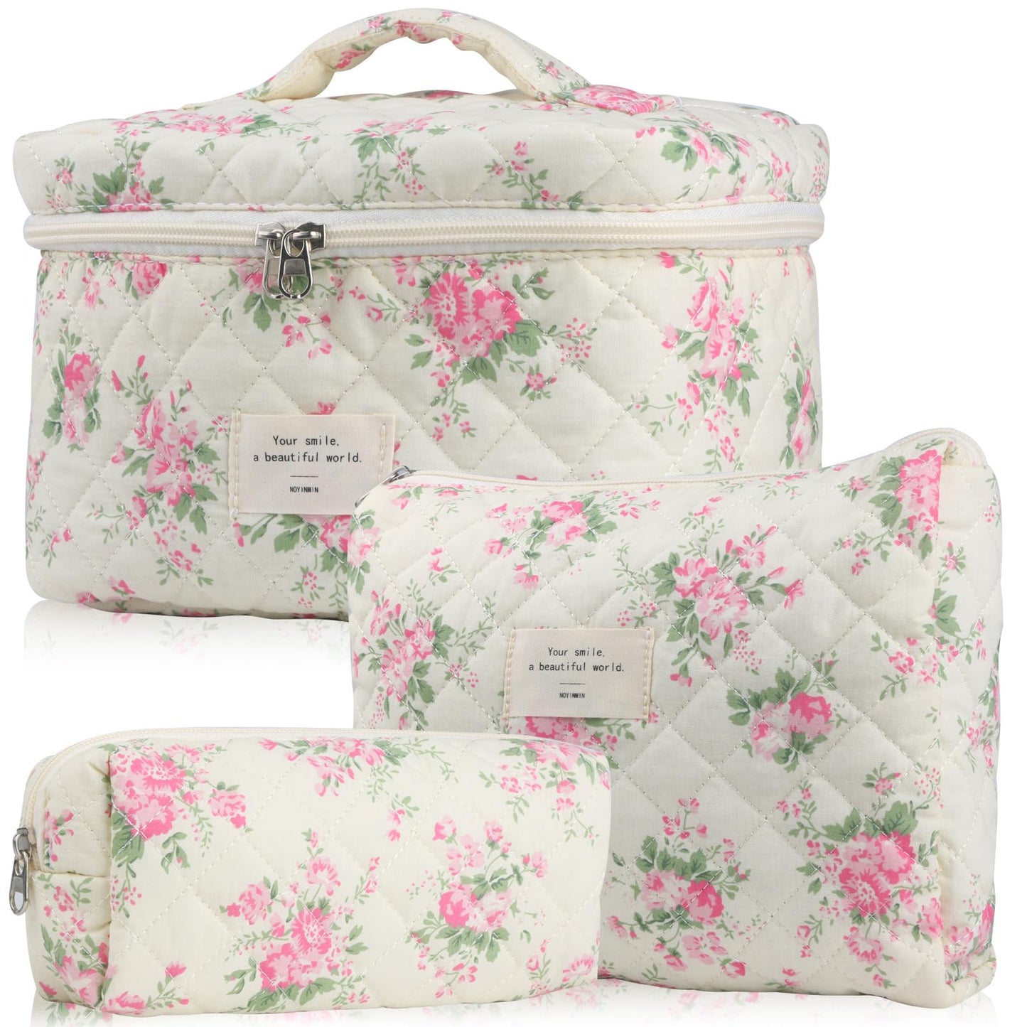 Cute Makeup Bag for Women(2 Pcs), Travel Cosmetic Bags, Quilted Coquette Aesthetic Floral Toiletry Organizer Bag (NavyBlue Flower)