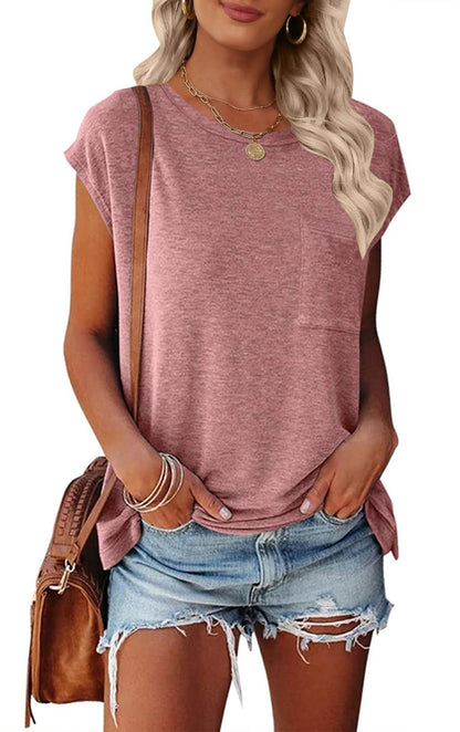 MEROKEETY Women's Casual Cap Sleeve T Shirts Basic Summer Tops Loose Solid Color Blouse