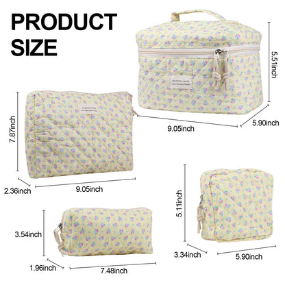 Cute Makeup Bag for Women(2 Pcs), Travel Cosmetic Bags, Quilted Coquette Aesthetic Floral Toiletry Organizer Bag (NavyBlue Flower)
