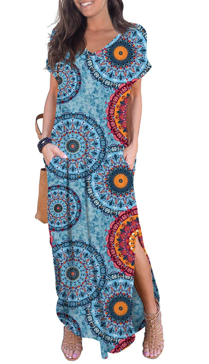 GRECERELLE Women's Casual Loose Pocket Long Dress Short Sleeve Split Maxi Dresses