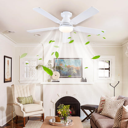 Ceiling Fans with Lights- 52" Low Profile Indoor Ceiling Fan with Light and Remote/APP Control, Flush Mount, LED Dimmable DC Reversible Modern Ceiling Fan for Bedroom（Black）