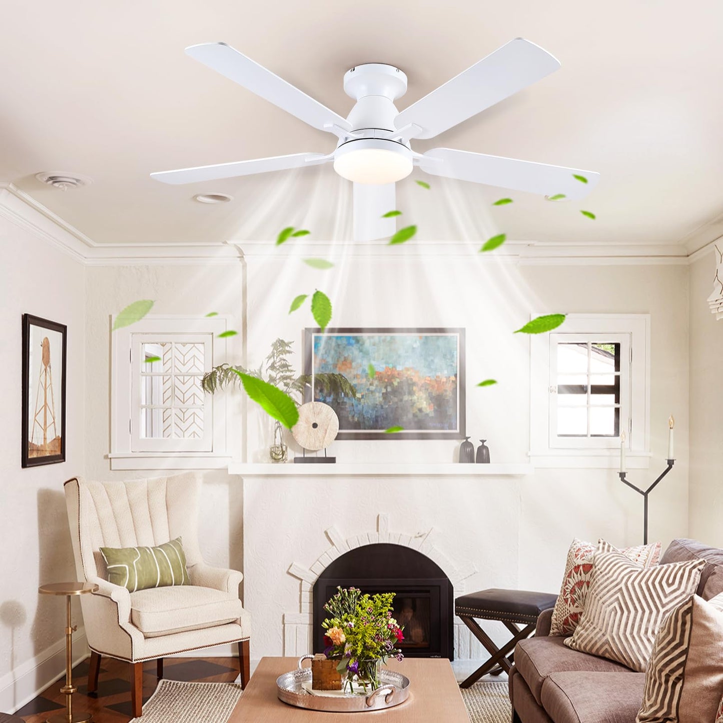 Ceiling Fans with Lights- 46" Low Profile Indoor Ceiling Fan with Light and Remote/APP Control, Flush Mount, LED Dimmable DC Reversible Modern Ceiling Fan for Bedroom（Black）