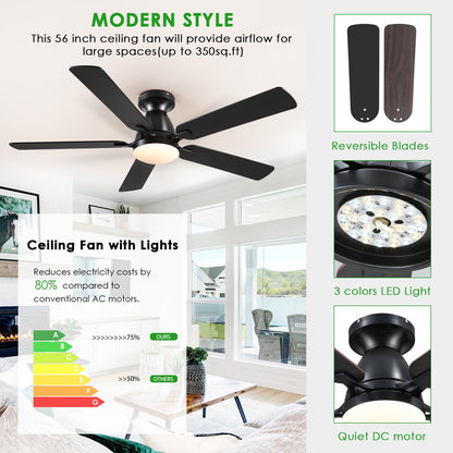 Ceiling Fans with Lights- 52" Low Profile Indoor Ceiling Fan with Light and Remote/APP Control, Flush Mount, LED Dimmable DC Reversible Modern Ceiling Fan for Bedroom（Black）