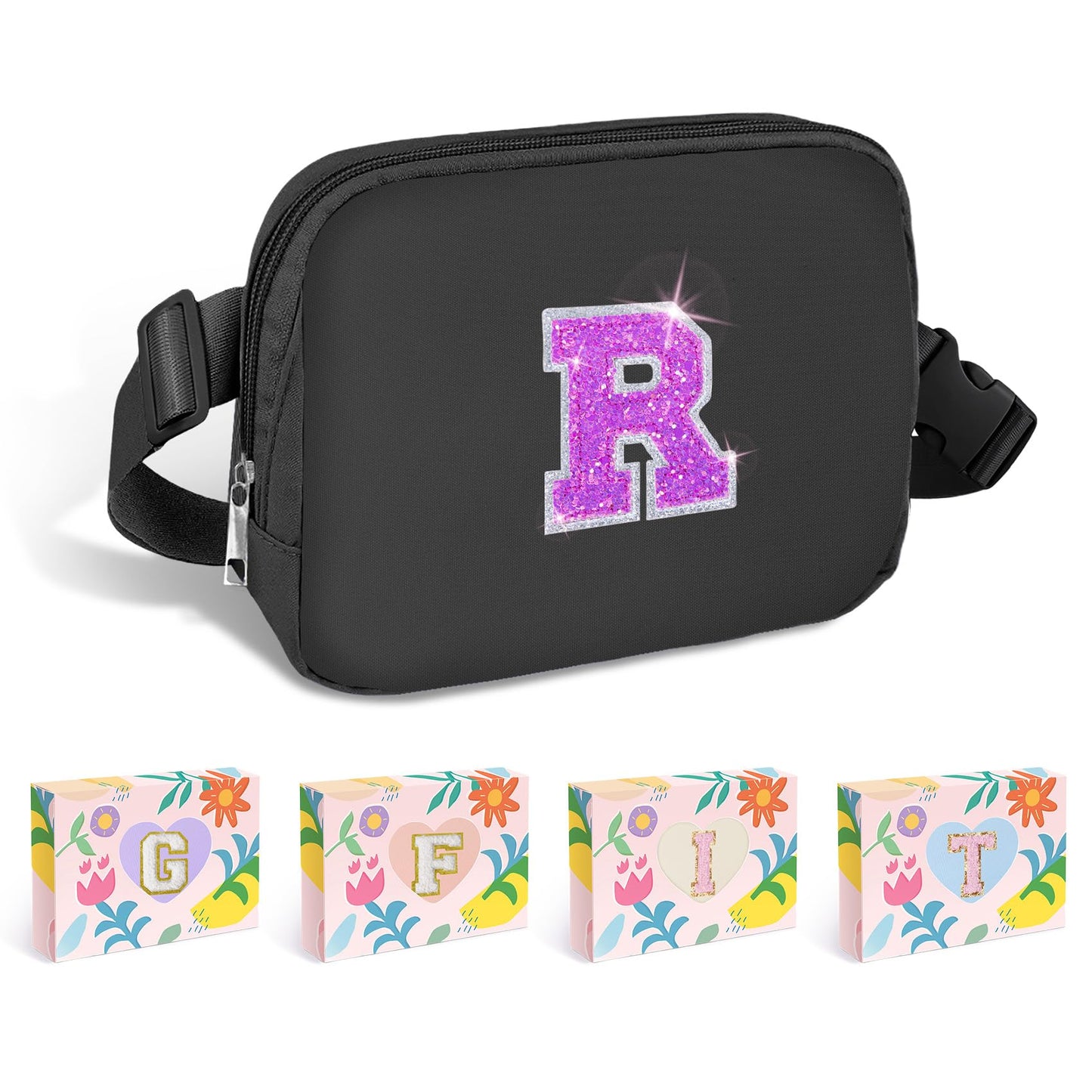 COSHAYSOO Pink Belt Bag Small Waist Fanny Pack Mini Crossbody Purse with Initial Preppy Letter Patch for Teen Girl Women Workout, Cross Body Chest Pouch Trending Birthday Gift Idea (S)