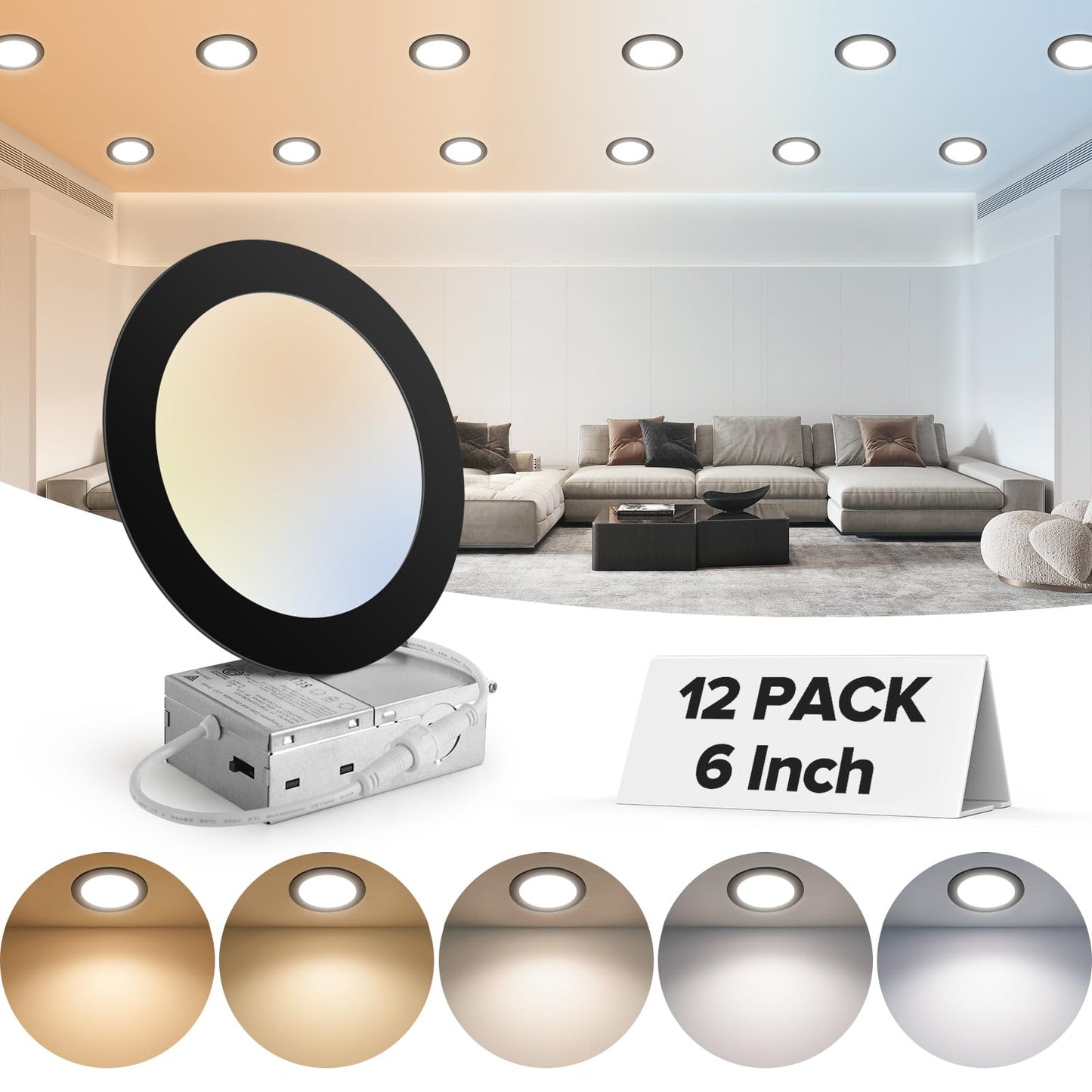 24 Pack 6 Inch 5CCT Ultra-Thin LED Recessed Ceiling Light with Junction Box, 2700K-5000K Selectable, 1050LM High Brightness, 0%-100% Dimmable Canless Wafer Downlight, 12W 120V, ETL