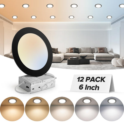 24 Pack 6 Inch 5CCT Ultra-Thin LED Recessed Ceiling Light with Junction Box, 2700K-5000K Selectable, 1050LM High Brightness, 0%-100% Dimmable Canless Wafer Downlight, 12W 120V, ETL