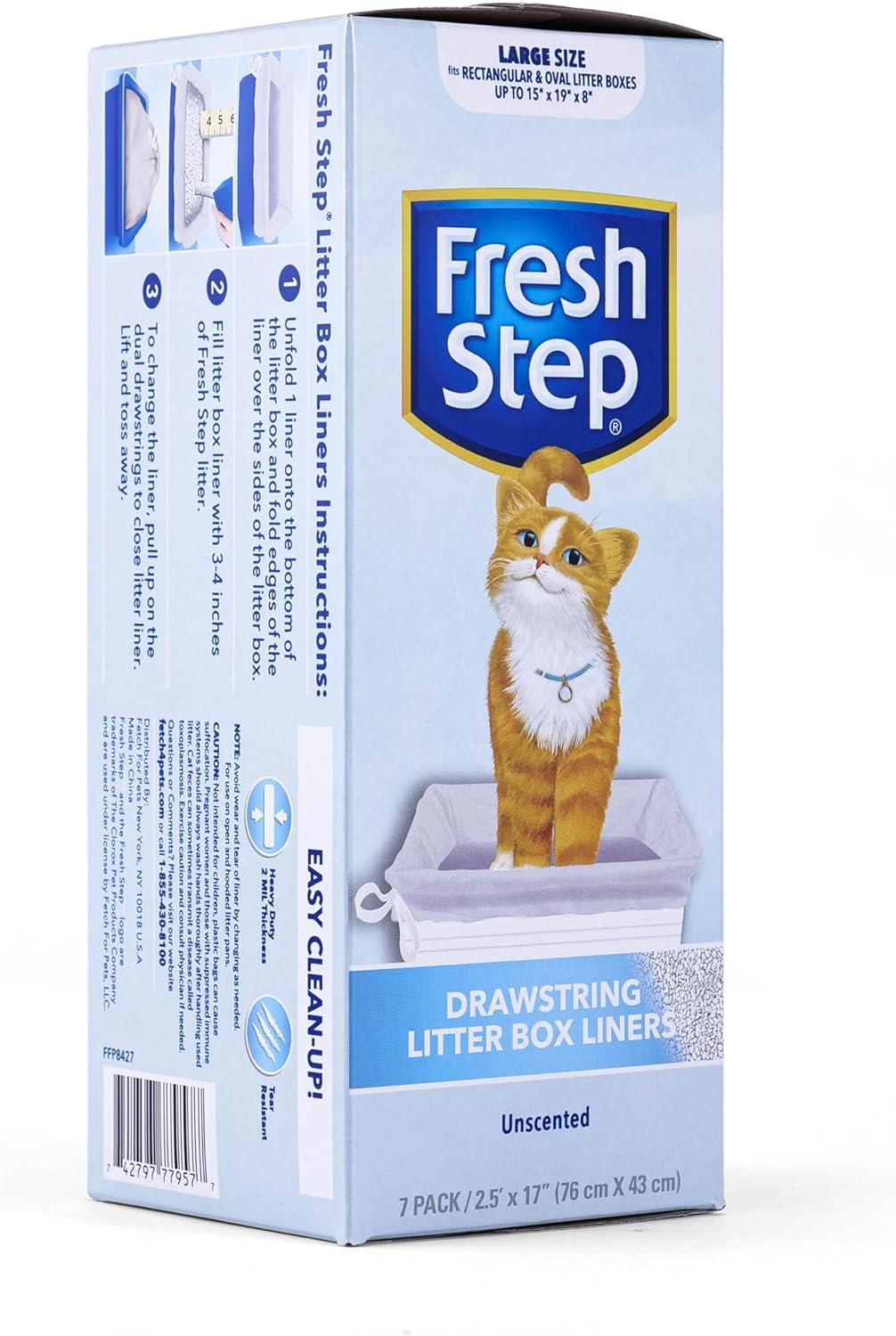 Fresh Step Drawstring Cat Litter Box Liners, Unscented, Size Jumbo, 36" x 19" | Kitty Litter Bags - 15 Count - Cat Litter Liners for Rectangle or Oval Large Litterboxes