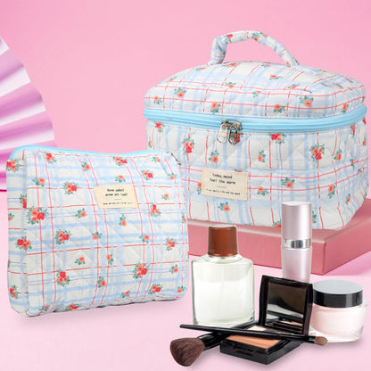 Cute Makeup Bag for Women(2 Pcs), Travel Cosmetic Bags, Quilted Coquette Aesthetic Floral Toiletry Organizer Bag (NavyBlue Flower)