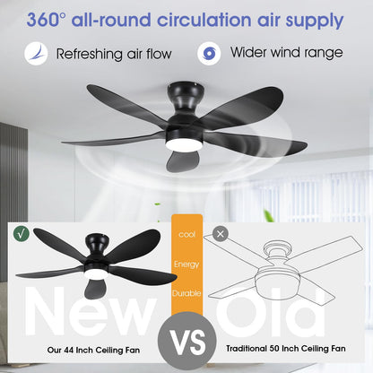 Ceiling Fans with Lights and Remote/APP Control, 30 inch Low Profile Ceiling Fans with 5 Reversible Blades 3 Colors Dimmable 6 Speeds Ceiling Fan for Bedroom Kids Room Dining Room, Black
