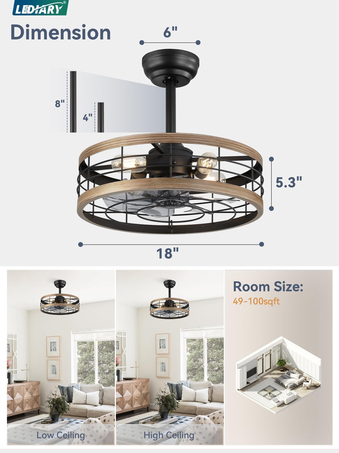 LEDIARY 16.5 inch Black Caged Ceiling Fan with Light, Fandelier Industrial Ceiling Fan with Remote, Farmhouse Fan Lights Ceiling Fixtures for Kitchen, Bedroom, Outdoor（6 Speed, Timing）-Black