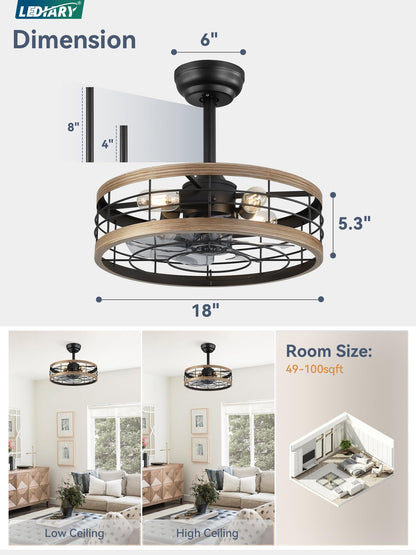 LEDIARY 16.5 inch Black Caged Ceiling Fan with Light, Fandelier Industrial Ceiling Fan with Remote, Farmhouse Fan Lights Ceiling Fixtures for Kitchen, Bedroom, Outdoor（6 Speed, Timing）-Black