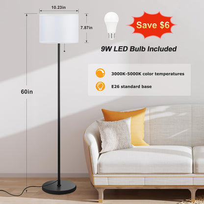 Modern Floor Lamp Simple Design with White Shade, Foot Pedal Switch, 60" Small Tall Lamps for Living Room Bedroom Office Dining Room Kitchen, Black Pole Lamp(Without Bulb)