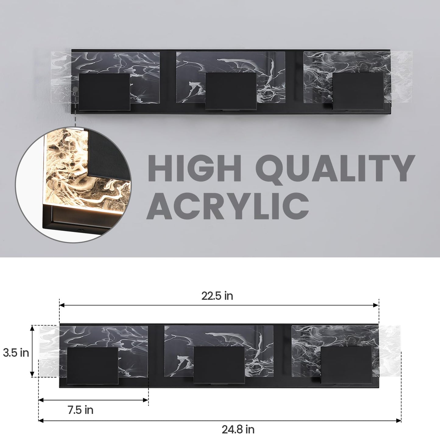 LED Bathroom Vanity Light: 24 inch Brushed Gold Acrylic Modern Lighting Fixtures - 3 Lights Contemporary Smoke Design Wall Lights Fixture Over Mirror 3000K