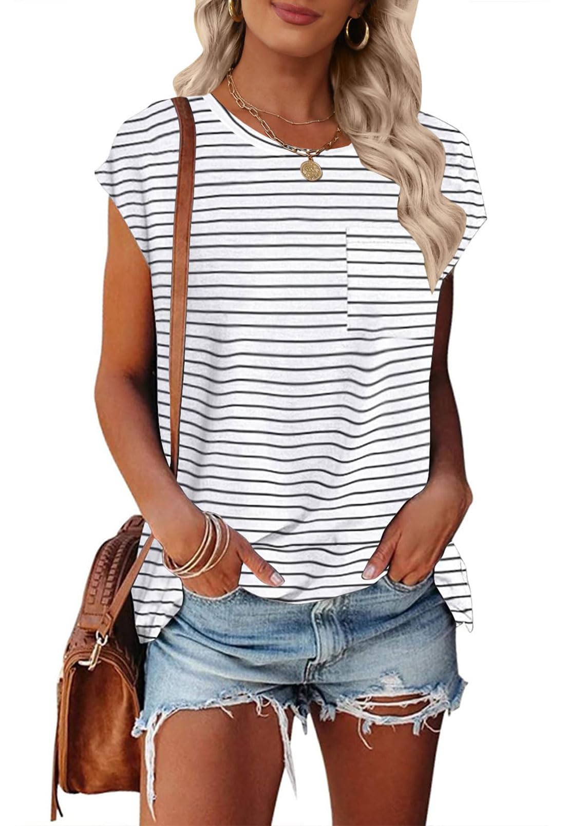 MEROKEETY Women's Casual Cap Sleeve T Shirts Basic Summer Tops Loose Solid Color Blouse