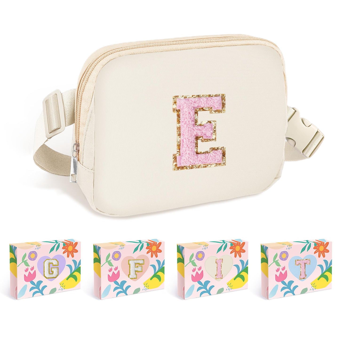 COSHAYSOO Pink Belt Bag Small Waist Fanny Pack Mini Crossbody Purse with Initial Preppy Letter Patch for Teen Girl Women Workout, Cross Body Chest Pouch Trending Birthday Gift Idea (S)