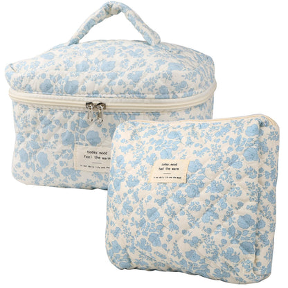 Cute Makeup Bag for Women(2 Pcs), Travel Cosmetic Bags, Quilted Coquette Aesthetic Floral Toiletry Organizer Bag (NavyBlue Flower)