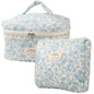 Cute Makeup Bag for Women(2 Pcs), Travel Cosmetic Bags, Quilted Coquette Aesthetic Floral Toiletry Organizer Bag (NavyBlue Flower)