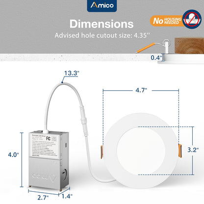 Amico 12 Pack 6 Inch 5CCT Ultra-Thin LED Recessed Ceiling Light with Junction Box, 1050LM Brightness, Dimmable Canless Wafer Downlight, 12W, ETL&FCC