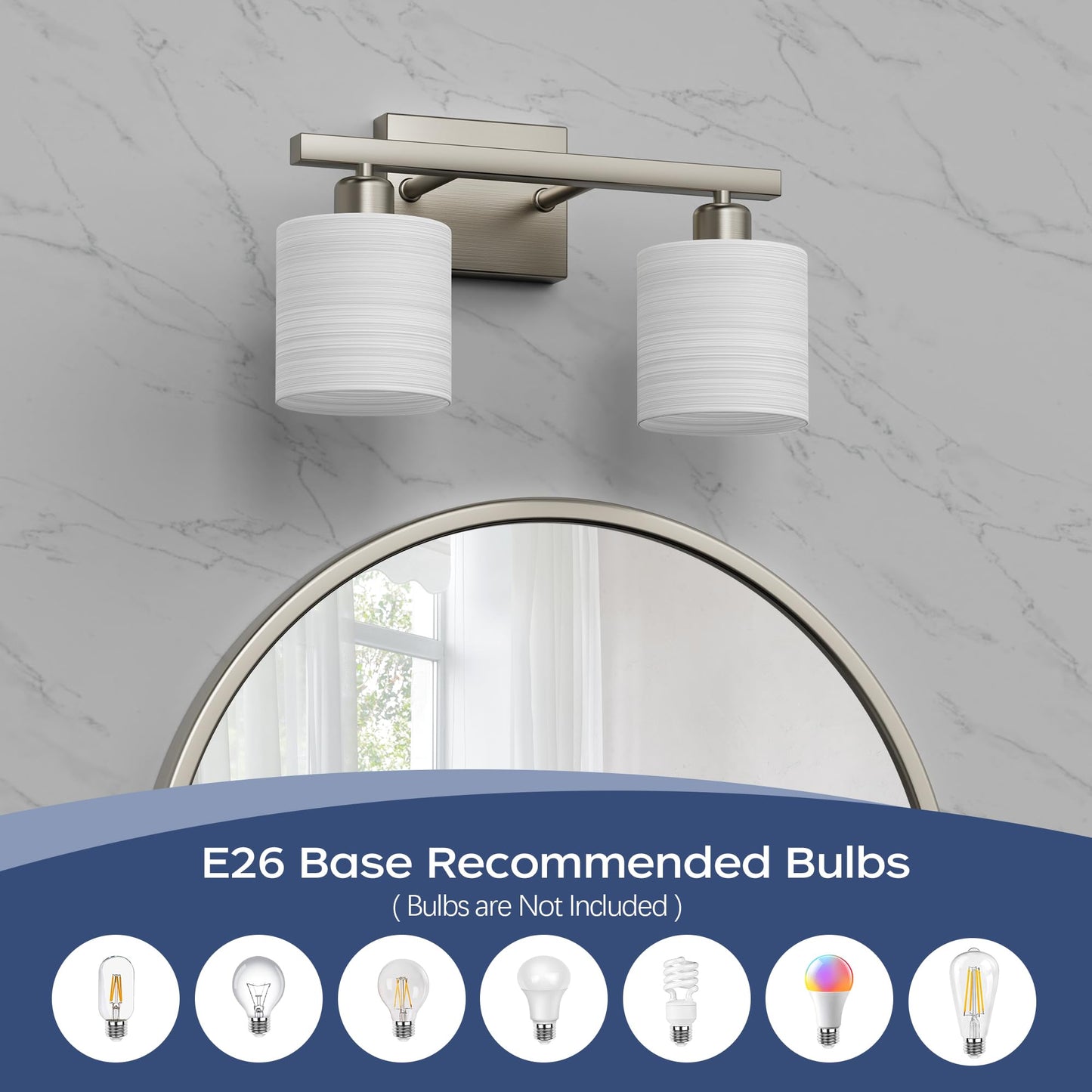 PARTPHONER Bathroom Light Fixtures, Bathroom Lighting Fixtures Over Mirror, Interior Classic Vanity Lights, Modern Bathroom Vanity Light with Textured White Glass Shade, Brushed Nickel, 3-Light