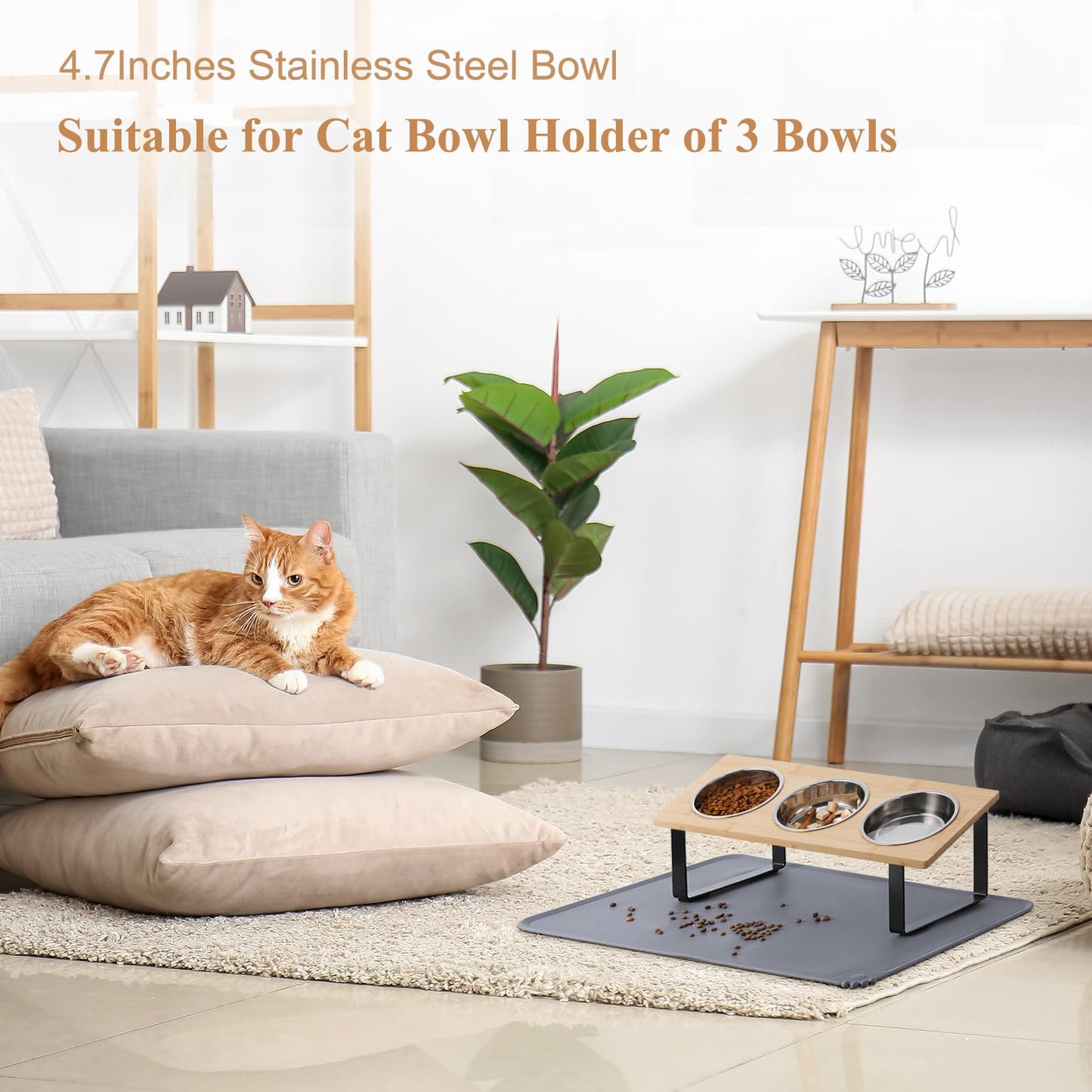 Upgraded Elevated Cat Bowls with Food Mat,15°Tilted Stand Anti Vomiting Raised Cat Dishes for Food and Water,2 Stainless Steel Bowls for Cats and Puppy