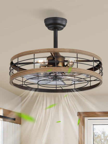 LEDIARY 16.5 inch Black Caged Ceiling Fan with Light, Fandelier Industrial Ceiling Fan with Remote, Farmhouse Fan Lights Ceiling Fixtures for Kitchen, Bedroom, Outdoor（6 Speed, Timing）-Black