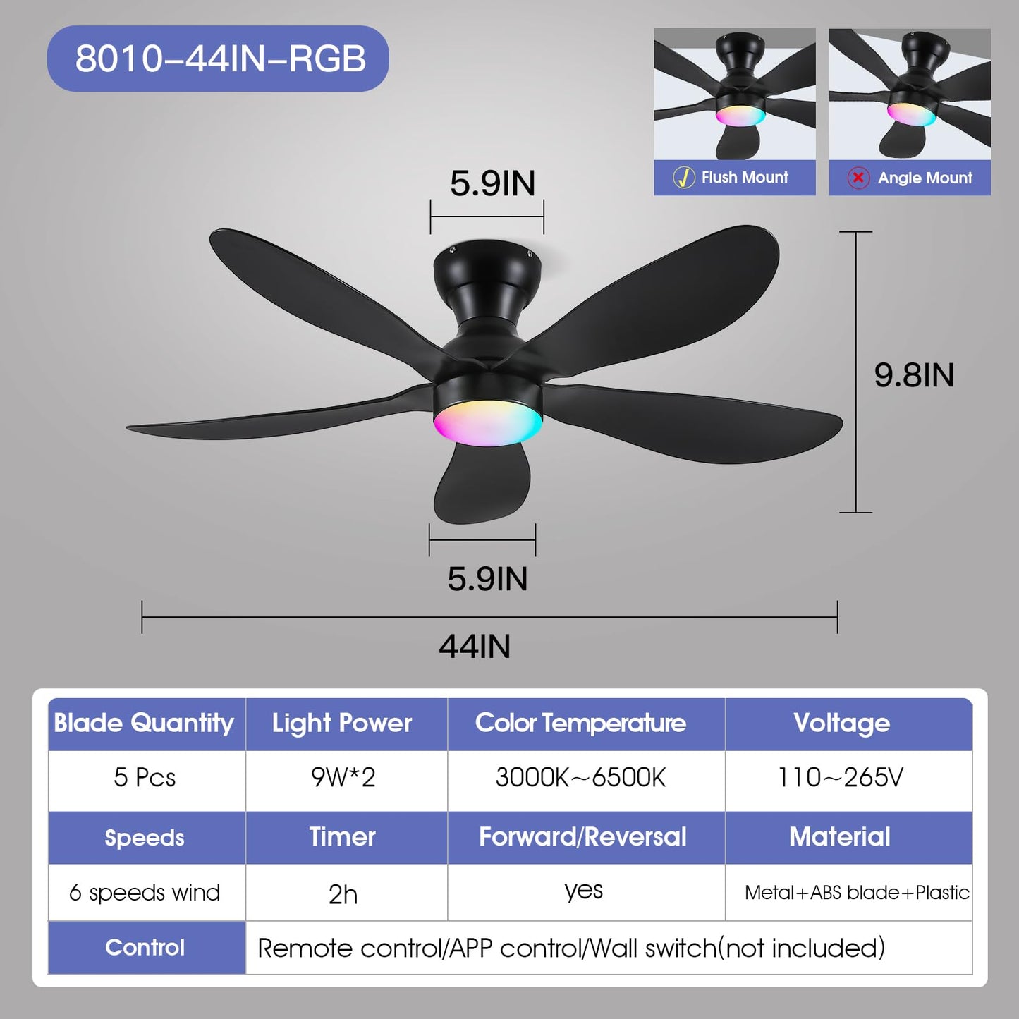 Ceiling Fans with Lights and Remote/APP Control, 30 inch Low Profile Ceiling Fans with 5 Reversible Blades 3 Colors Dimmable 6 Speeds Ceiling Fan for Bedroom Kids Room Dining Room, Black