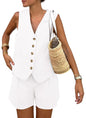 PRETTYGARDEN Women's Summer 2 Piece Outfits Sleeveless Matching Sets Button Down V Neck Vest Waistcoat and Pockets Shorts