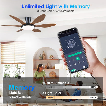 Ceiling Fans with Lights, 51 inch Modern Black Low Profile Ceiling Fan with Light and Remote App Control, Flush Mount, Quiet DC Reversible, Dim Led Ceiling Fan 6 Blade Softer Wind Indoor/Outdoor Patio