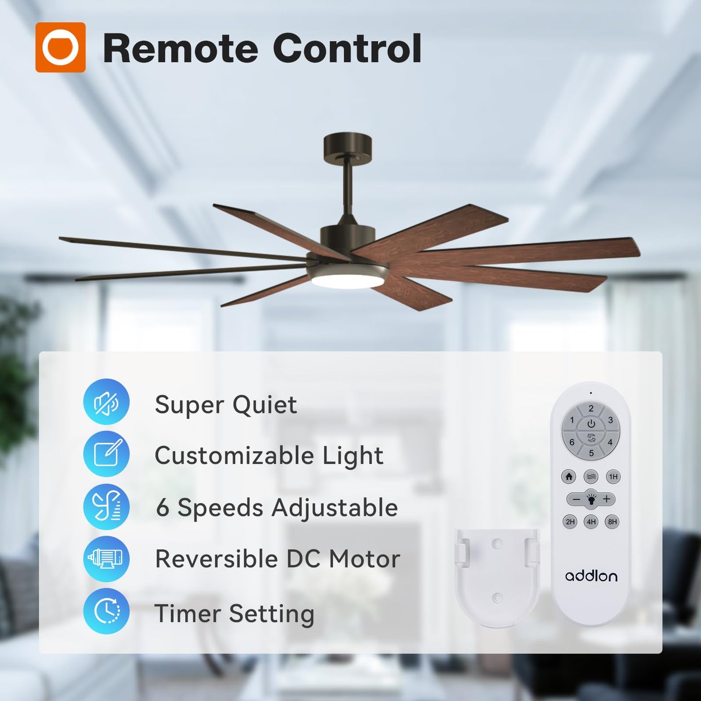 addlon 72 Inch Large Ceiling Fans with Lights, Black Ceiling Fan with Remote Control, Reversible, 5CCT, Dimmable, DC Motor, Modern Ceiling Fan for Living Room, Kitchen, Patio Indoor/Outdoor Use,