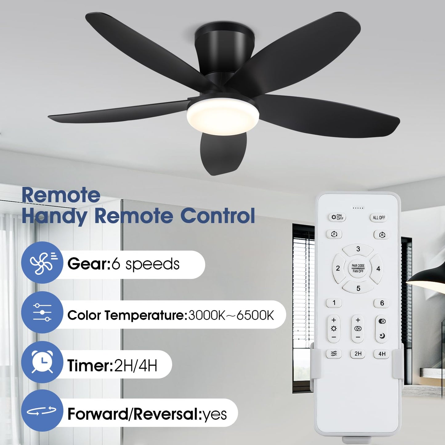 Ceiling Fans with Lights-36 Low Profile Ceiling Fan with Light and Remote/APP Control,Flush Mount,DC Reversible,LED Dimmable Blakc Ceiling Fans for Bedroom,Indoor/Outdoor Patio Use