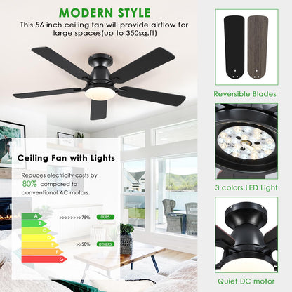 Ceiling Fans with Lights- 52" Low Profile Indoor Ceiling Fan with Light and Remote/APP Control, Flush Mount, LED Dimmable DC Reversible Modern Ceiling Fan for Bedroom（Black）