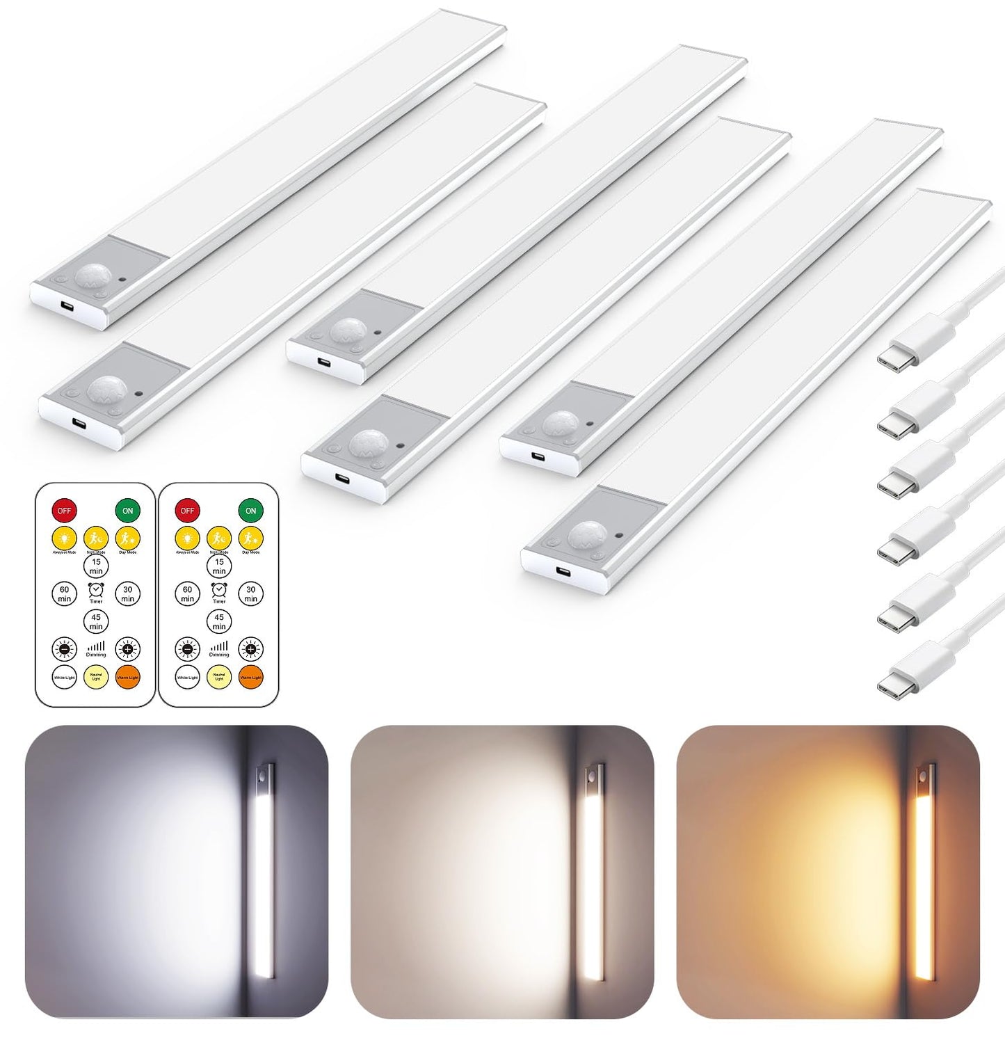 12" Thin Motion-Activated Under Cabinet Lighting, Aluminum Alloy Under Counter Lights for Kitchen, 3-Color-Temps Magnetic Closet Lights, Rechargeable Motion Sensor Light Indoor (4Pack, Silver)
