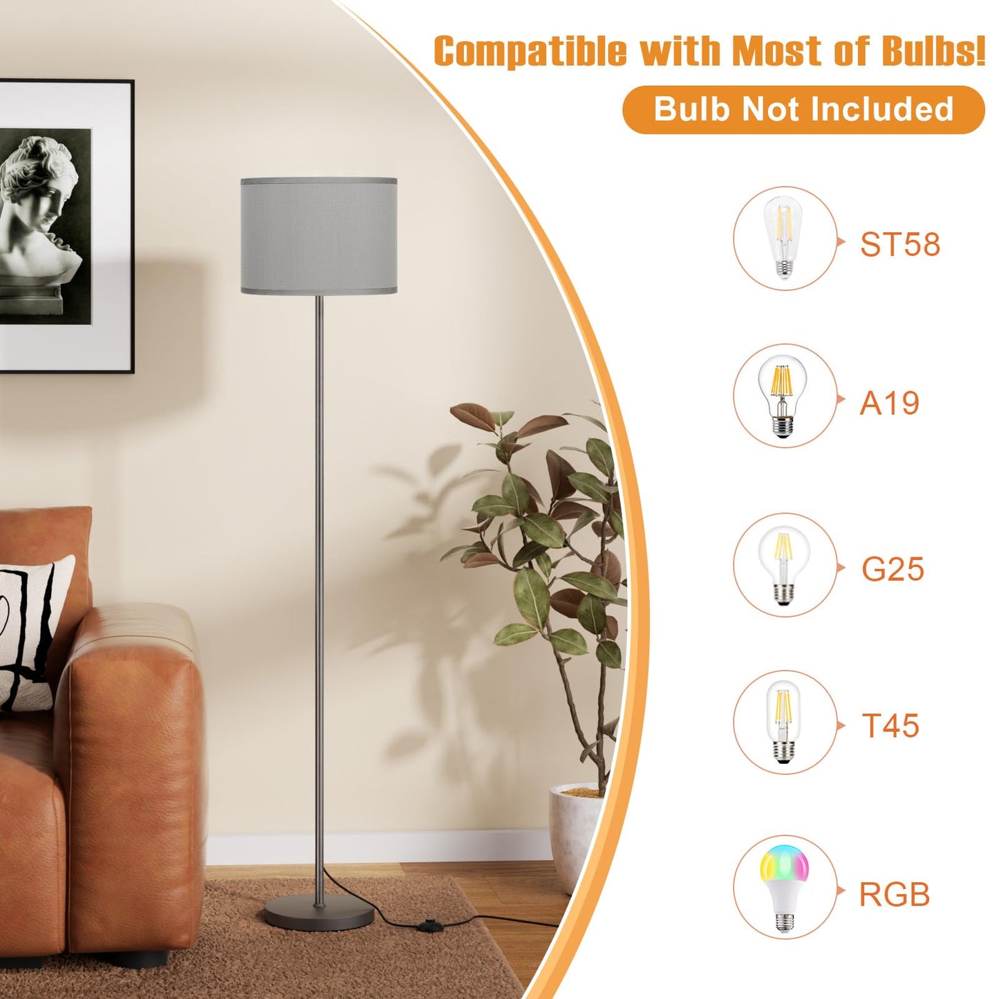 Modern Floor Lamp Simple Design with White Shade, Foot Pedal Switch, 60" Small Tall Lamps for Living Room Bedroom Office Dining Room Kitchen, Black Pole Lamp(Without Bulb)