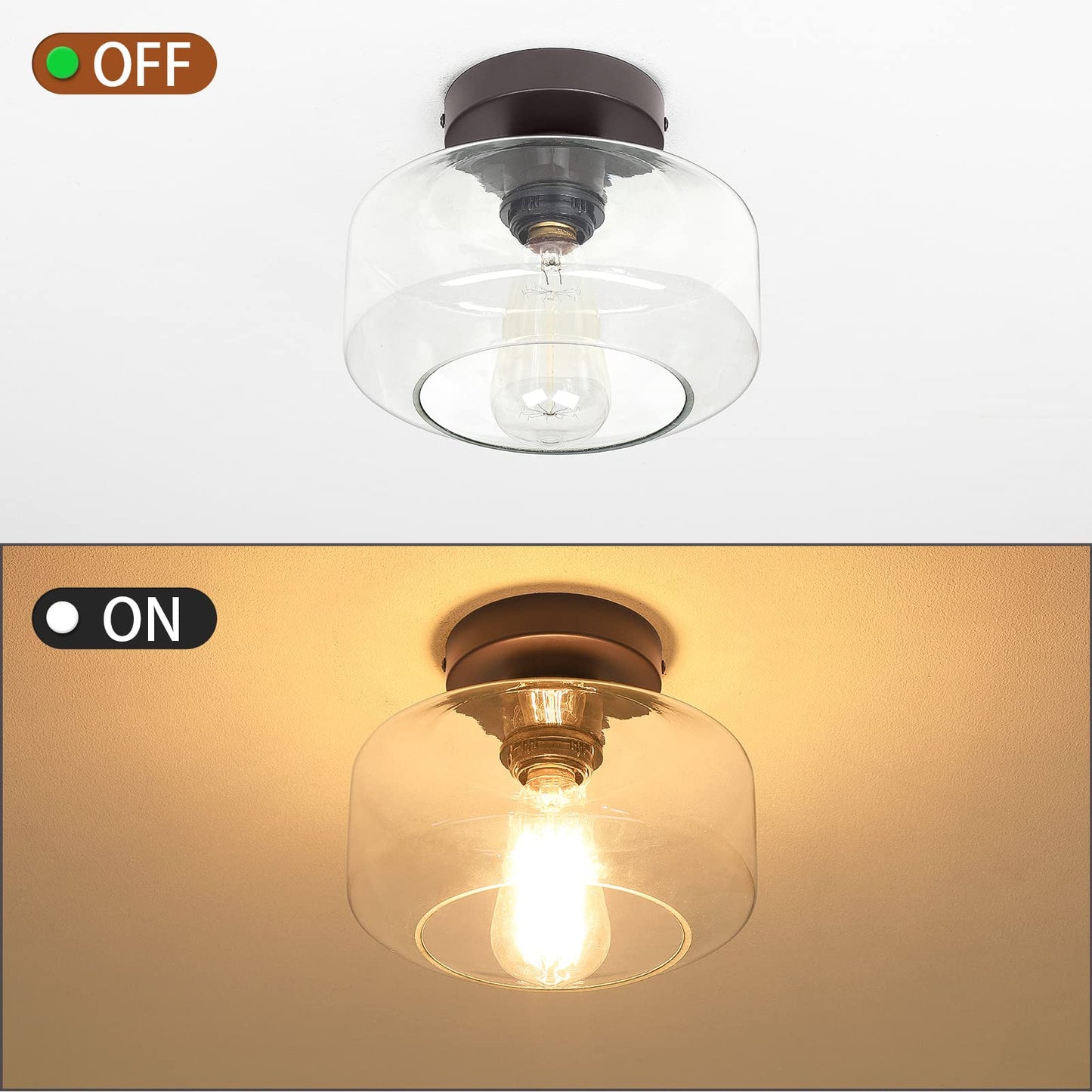 MAXvolador Industrial Semi Flush Mount Ceiling Light, Clear Glass Pendant Lamp Shade, Farmhouse Lighting for Hallway, Vintage Hanging Light Fixtures