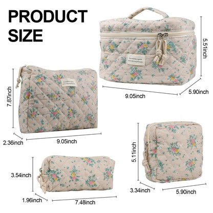 Cute Makeup Bag for Women(2 Pcs), Travel Cosmetic Bags, Quilted Coquette Aesthetic Floral Toiletry Organizer Bag (NavyBlue Flower)