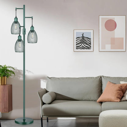 Dimmable Industrial Floor Lamps for Living Room, Gold Tree Standing Tall Lamps with 3 Elegant Teardrop Cage Head & 800 Lumens LED Bulbs for Bedroom Office