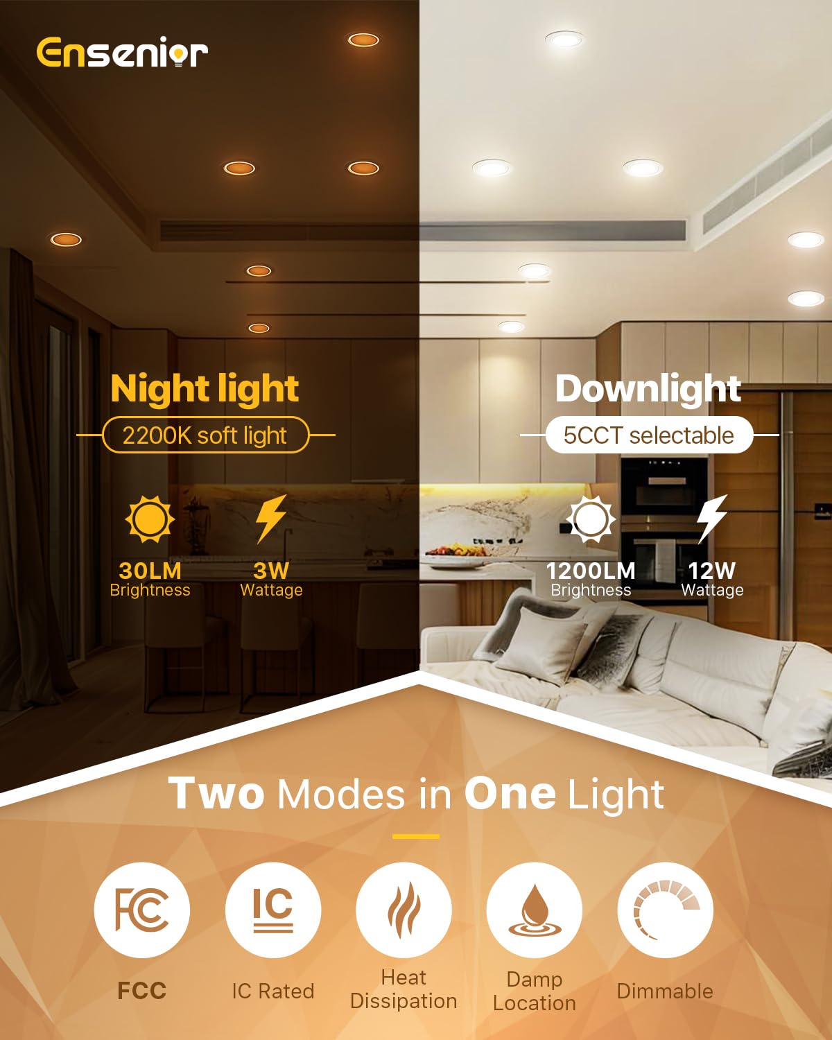 Ensenior 4 Pack 6 inch Gimbal Led Recessed Lighting with Night Light, 90° Rotatable and 2700K-5000K 5CCT Selectable, Dimmable Eyeball Recessed Lights, 1200LM, 12W=115W-FCC Certified