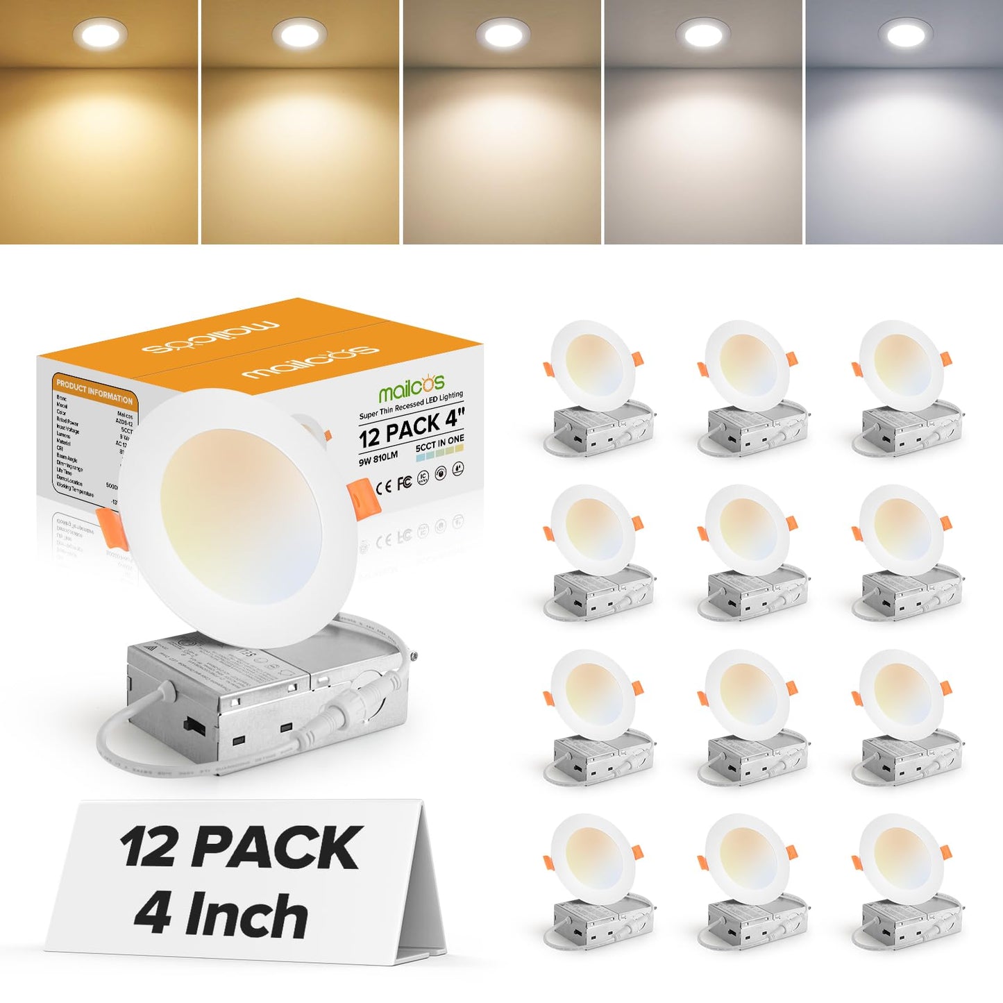 12 Pack 6 Inch 5CCT Ultra-Thin LED Recessed Ceiling Light with Junction Box, 2700K-5000K Selectable, 1050LM High Brightness, Dimmable Canless Wafer Downlight, 12W 120V, ETL