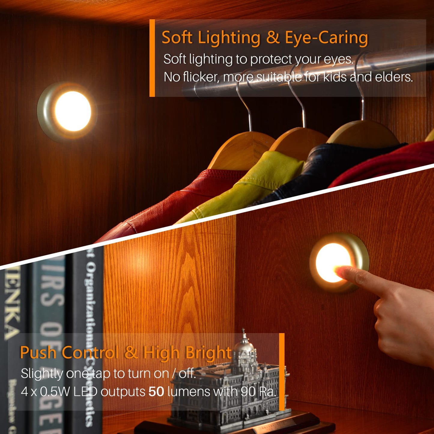 STAR-SPANGLED Push Tap Light, 2.8” Mini Night Touch LED Puck Lamp, Portable Under Cabinet Lighting AAA Battery Operated Powered, DIY Stick On Lights for Closet, Counter, Kitchen, Warm White, 5 Pack