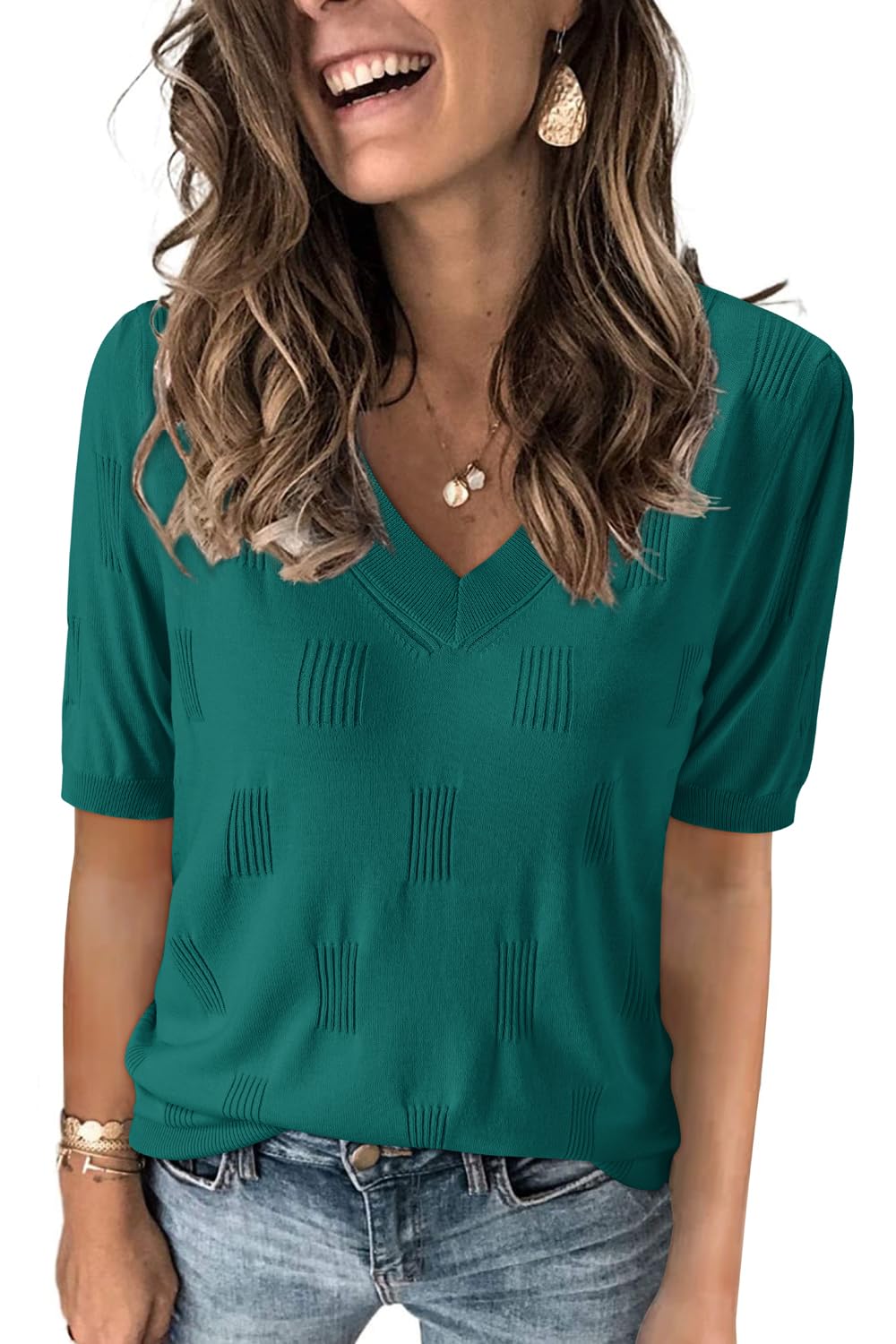 Arach&Cloz Women's Tops 2025 Spring Summer Short Sleeve Sweater Fashion Trendy Dressy Casual Outfit Versatile Knit Blouse