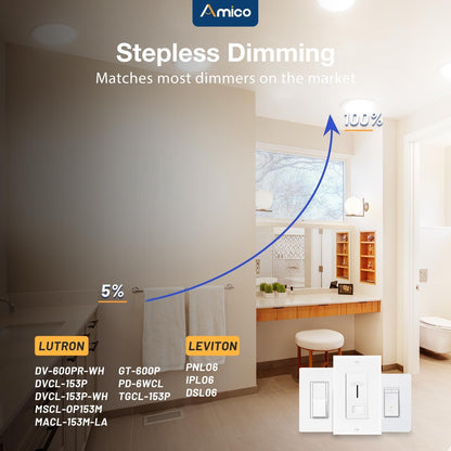 Amico 6 Pack 6 Inch 5CCT Ultra-Thin LED Recessed Ceiling Light with Junction Box, 2700K/3000K/3500K/4000K/5000K Selectable, 12W Eqv 110W 1050LM Brightness Dimmable Canless Wafer Downlight, ETL & FCC