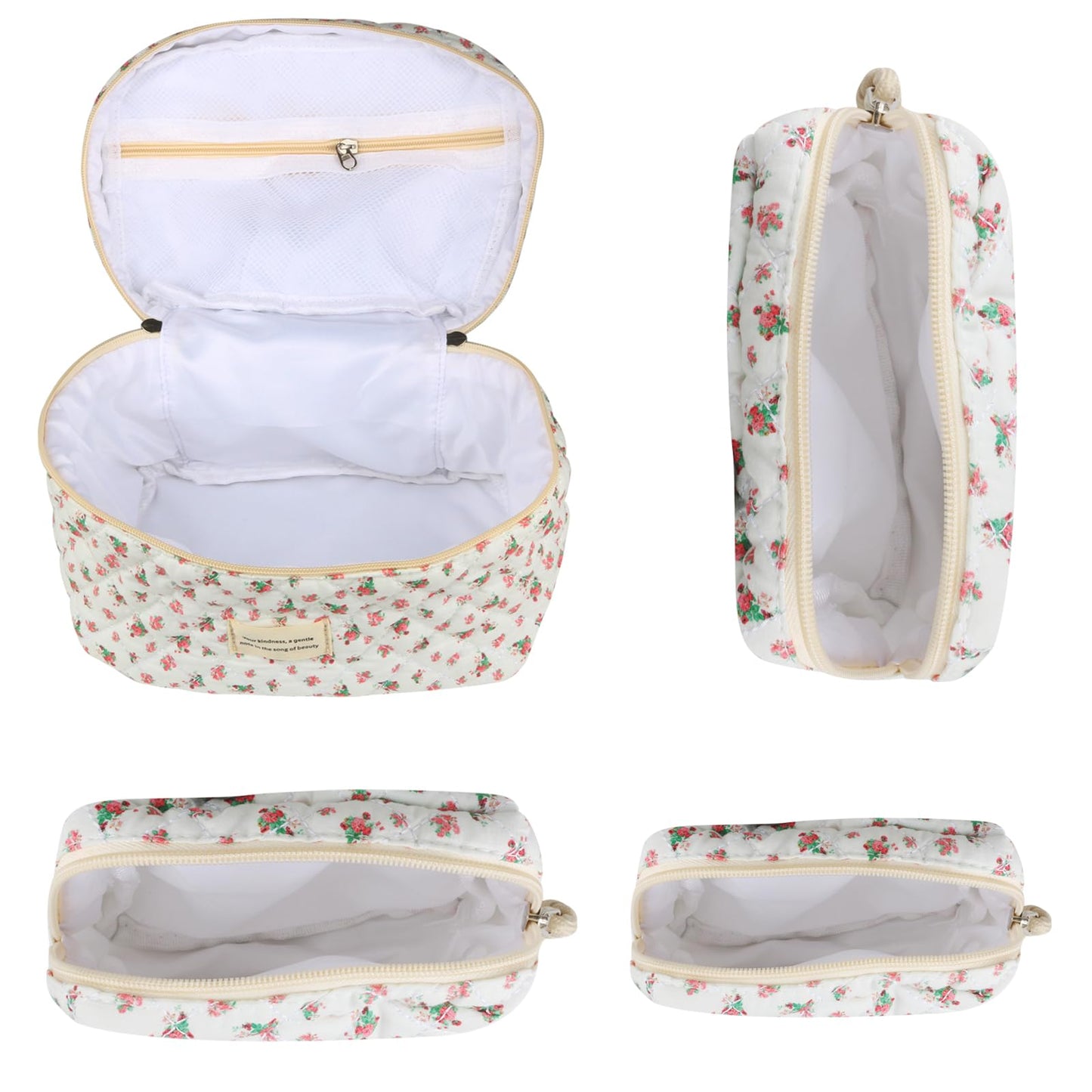 Cute Makeup Bag for Women(2 Pcs), Travel Cosmetic Bags, Quilted Coquette Aesthetic Floral Toiletry Organizer Bag (NavyBlue Flower)