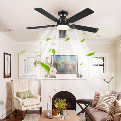 Ceiling Fans with Lights- 46" Low Profile Indoor Ceiling Fan with Light and Remote/APP Control, Flush Mount, LED Dimmable DC Reversible Modern Ceiling Fan for Bedroom（Black）