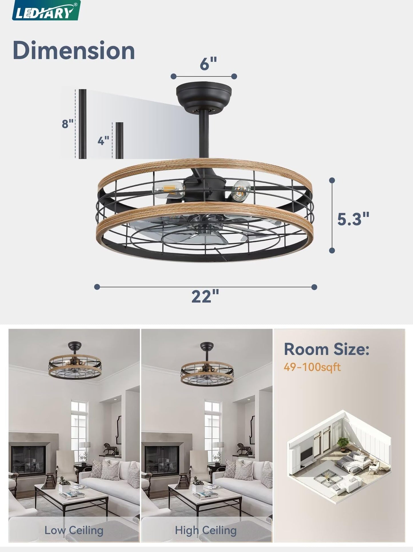 LEDIARY 16.5 inch Black Caged Ceiling Fan with Light, Fandelier Industrial Ceiling Fan with Remote, Farmhouse Fan Lights Ceiling Fixtures for Kitchen, Bedroom, Outdoor（6 Speed, Timing）-Black