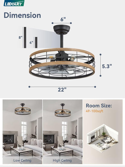 LEDIARY 16.5 inch Black Caged Ceiling Fan with Light, Fandelier Industrial Ceiling Fan with Remote, Farmhouse Fan Lights Ceiling Fixtures for Kitchen, Bedroom, Outdoor（6 Speed, Timing）-Black